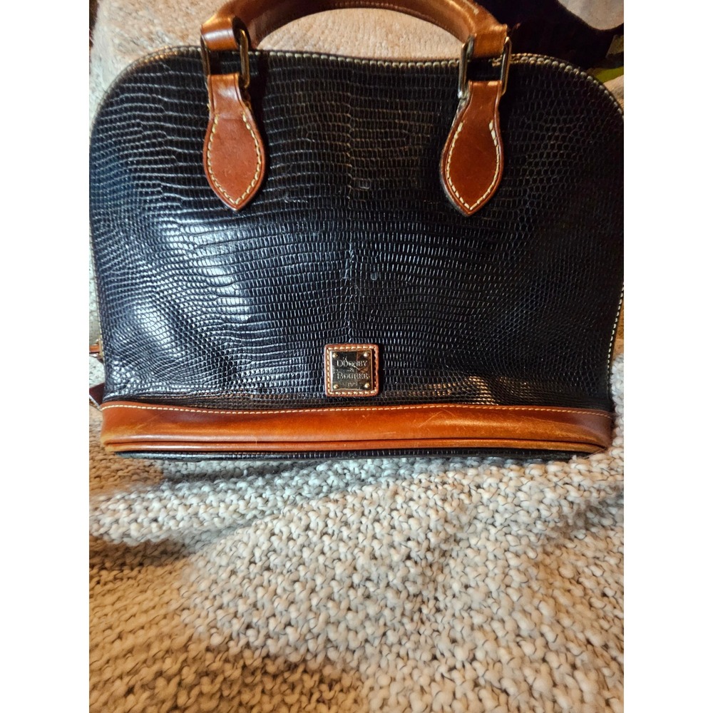 Dooney & Bourke Black Lizard Embossed Leather Dome Satchel Bag Tan Trim